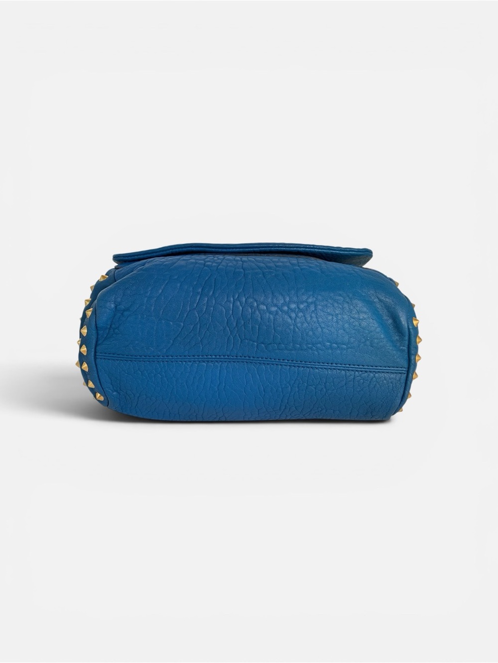 MCM Blue Pebbled Leather Studded Satchel Crossbody Bag Gold Hardware - Picture 5 of 13